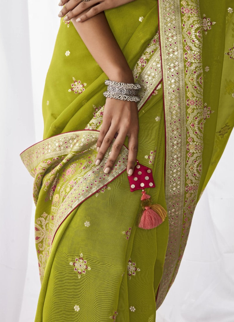 Pista Green Silk Wedding Saree With Minakari Pallu-2