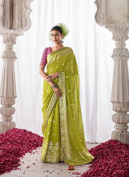 Pista Green Silk Wedding Saree With Minakari Pallu