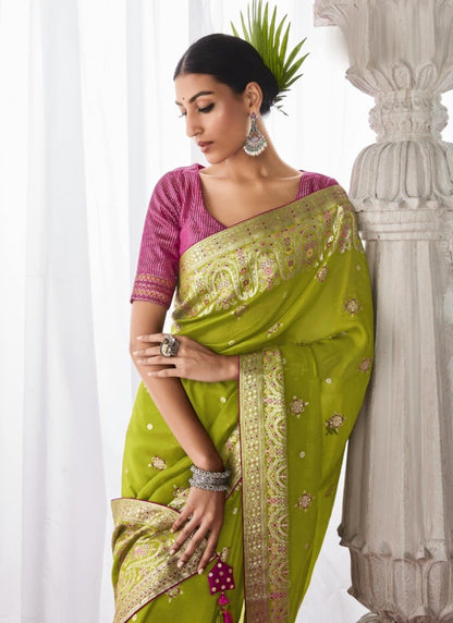 Pista Green Silk Wedding Saree With Minakari Pallu-2