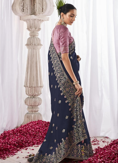 Navy Blue Silk Wedding Saree With Minakari Pallu-2