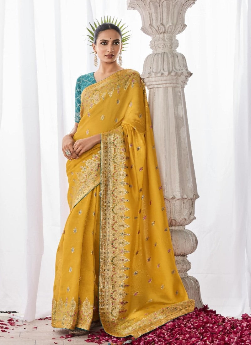 Yellow Silk Wedding Saree With Minakari Pallu