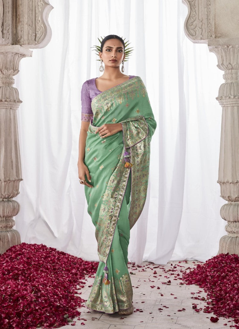 Aqua Silk Wedding Saree With Minakari Pallu