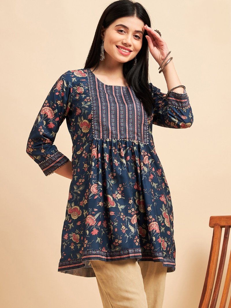 Blue Chinon Printed Kurti