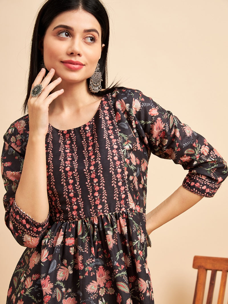 Black Chinon Printed Kurti