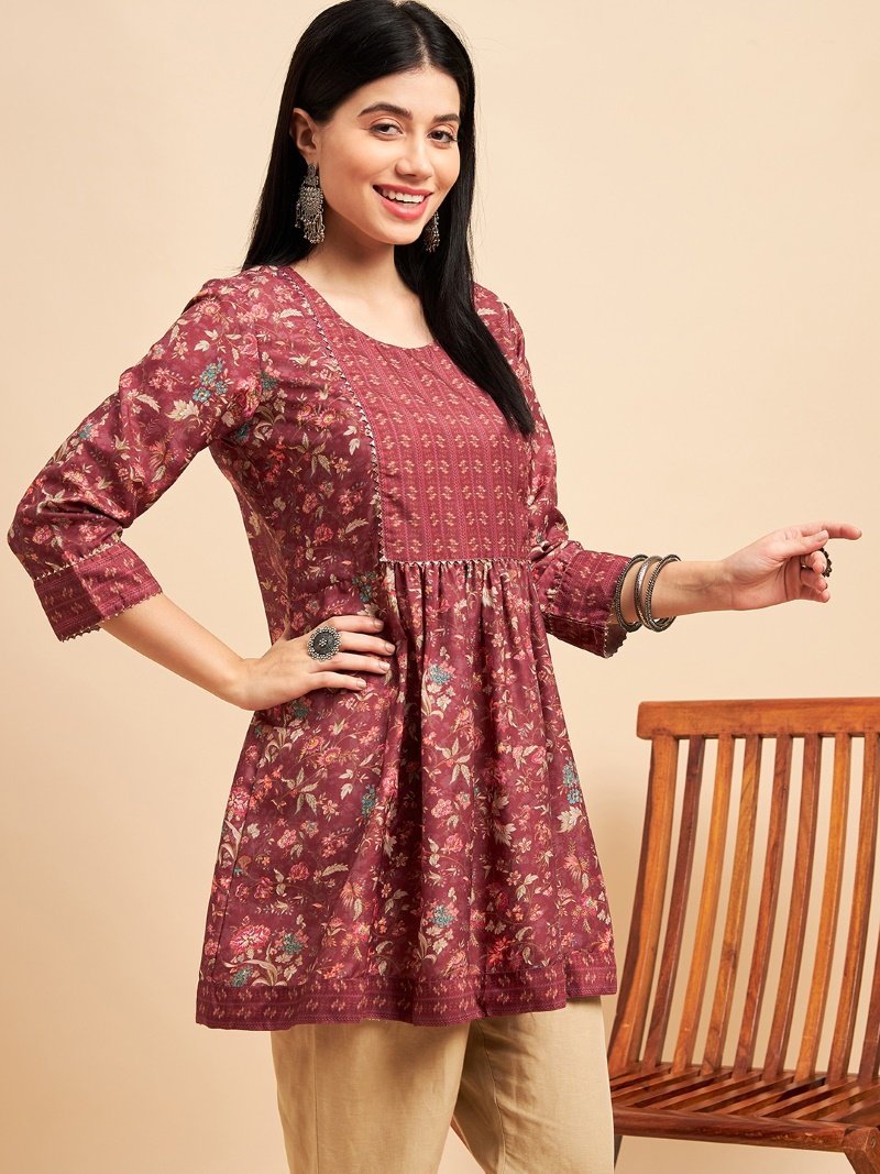 Maroon Chinon Printed Kurti