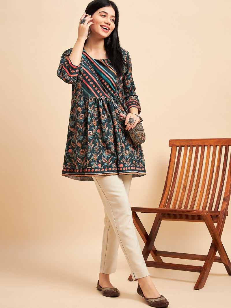 Teal Blue Chinon Printed Kurti-2