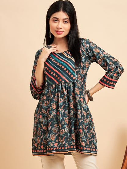 Teal Blue Chinon Printed Kurti