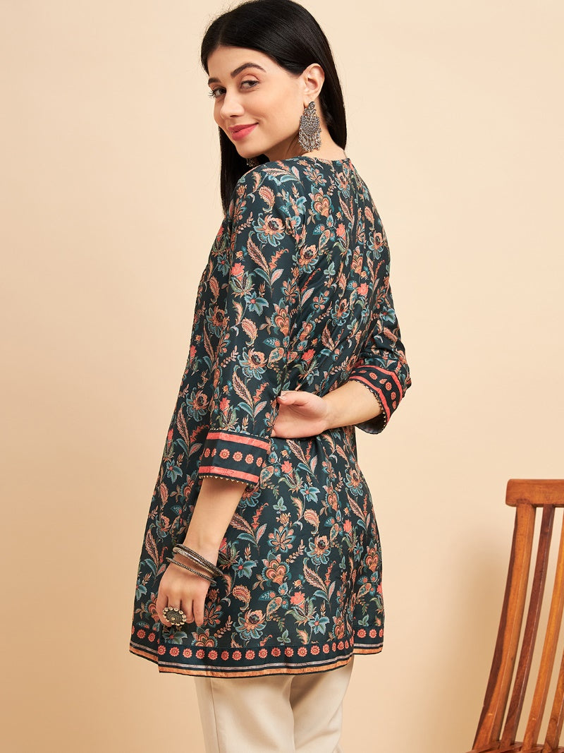 Teal Blue Chinon Printed Kurti-2