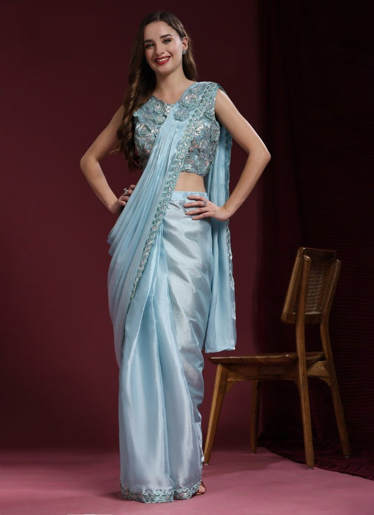 Sky Blue Silk Designer Saree With Flower Patch Work