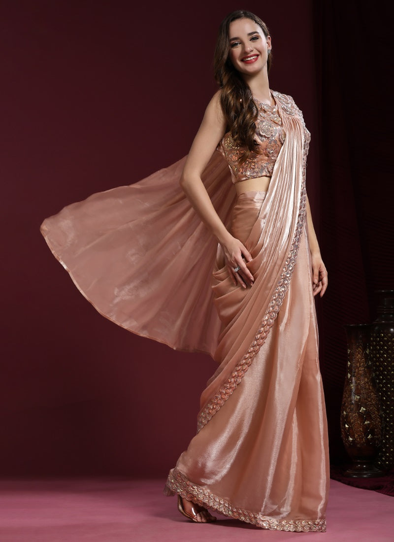Peach Silk Designer Saree With Flower Patch Work-2