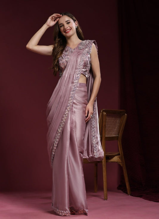 Light Purple Silk Designer Saree With Flower Patch Work