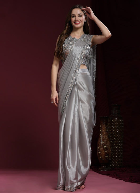 Gray Silk Designer Saree With Flower Patch Work