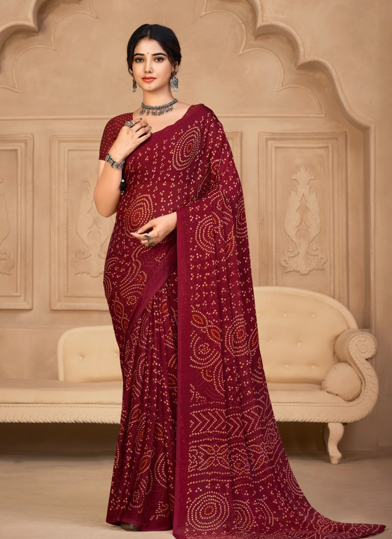 Maroon Bandhani Print Saree