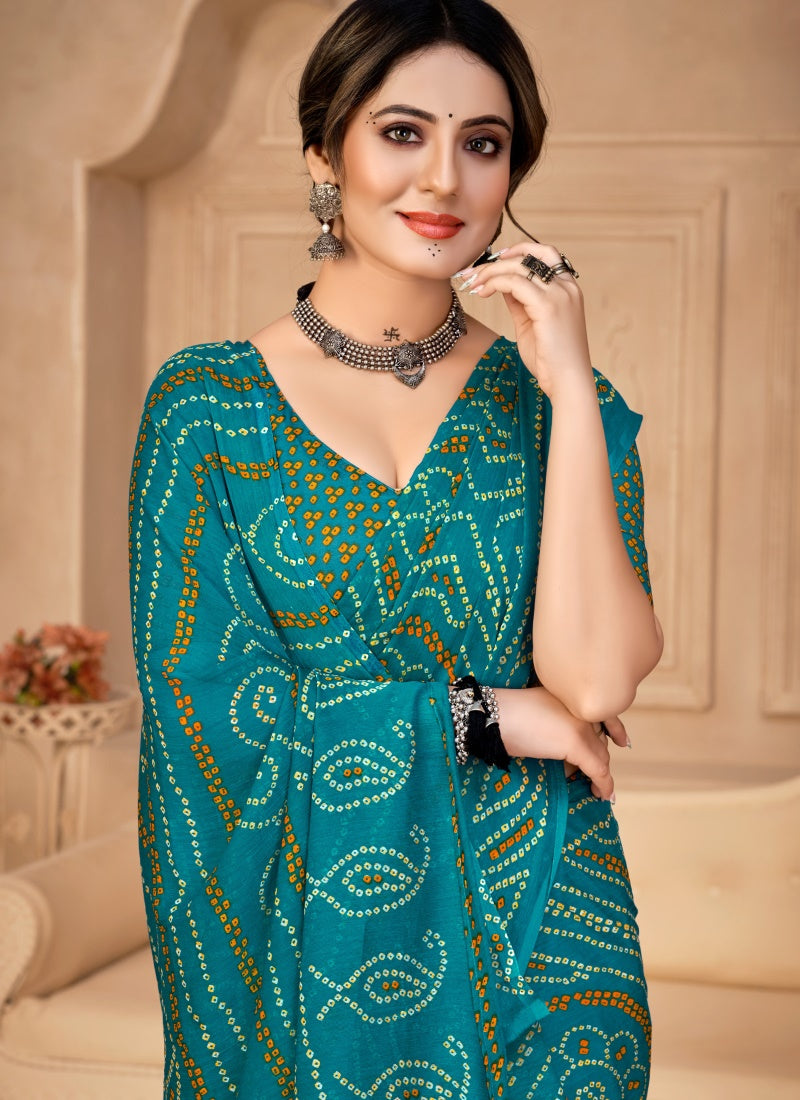 Teal Blue Bandhani Print Saree-2