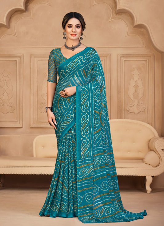 Teal Blue Bandhani Print Saree