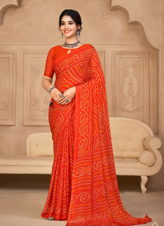 Orange Bandhani Print Saree