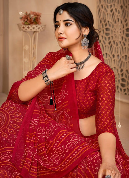 Red Bandhani Print Saree-2