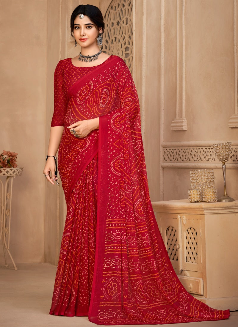 Red Bandhani Print Saree