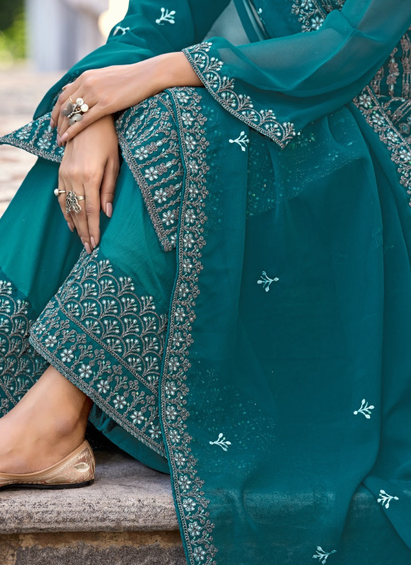 Green Silk Embroidered Palazzo Suit-2