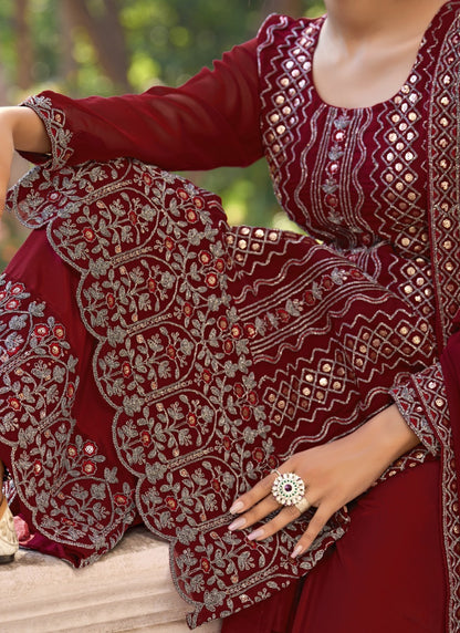 Red Silk Embroidered Palazzo Suit-2