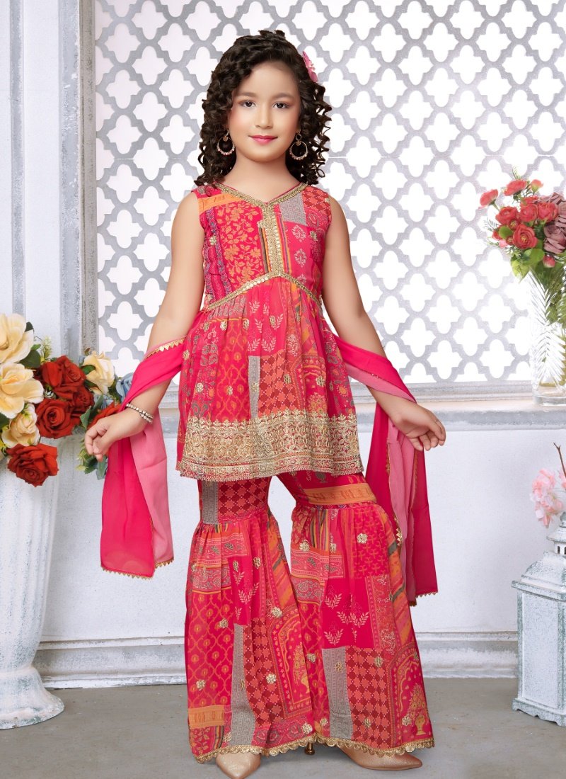 Red Georgette Kid's Sharara Suit