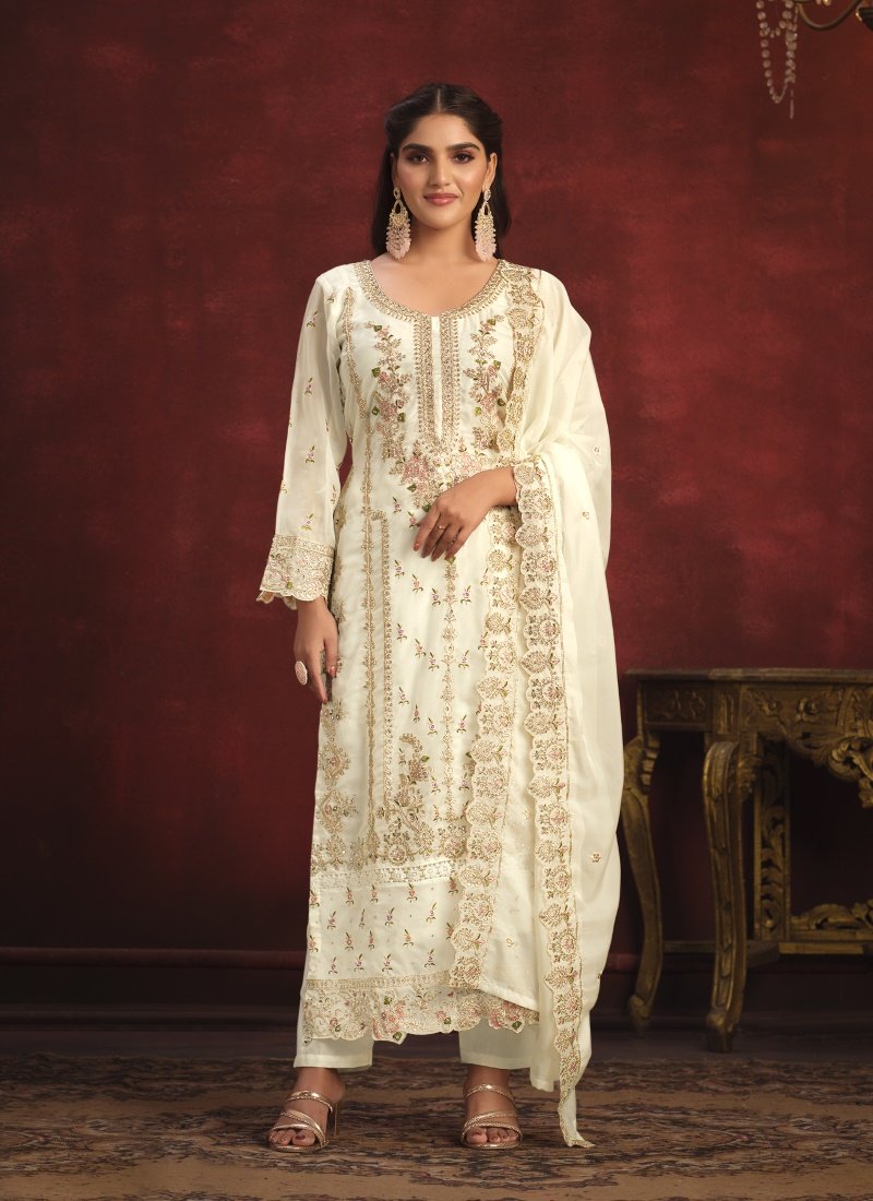 Off White Organza Long Wedding Salwar Suit