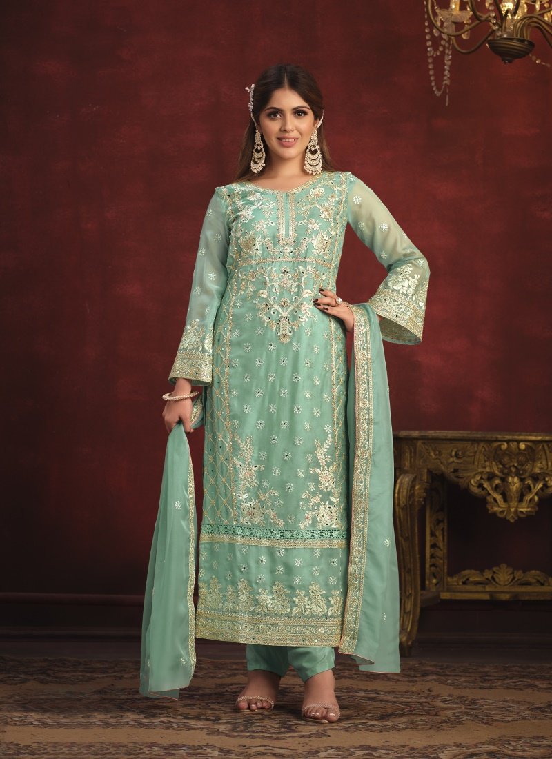 Sea Green Organza Long Wedding Salwar Suit-2