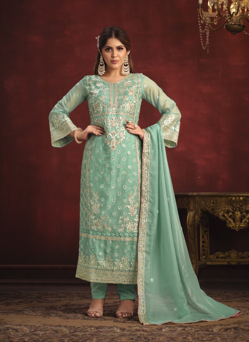 Sea Green Organza Long Wedding Salwar Suit