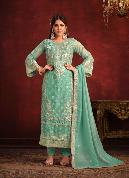 Sea Green Organza Long Wedding Salwar Suit