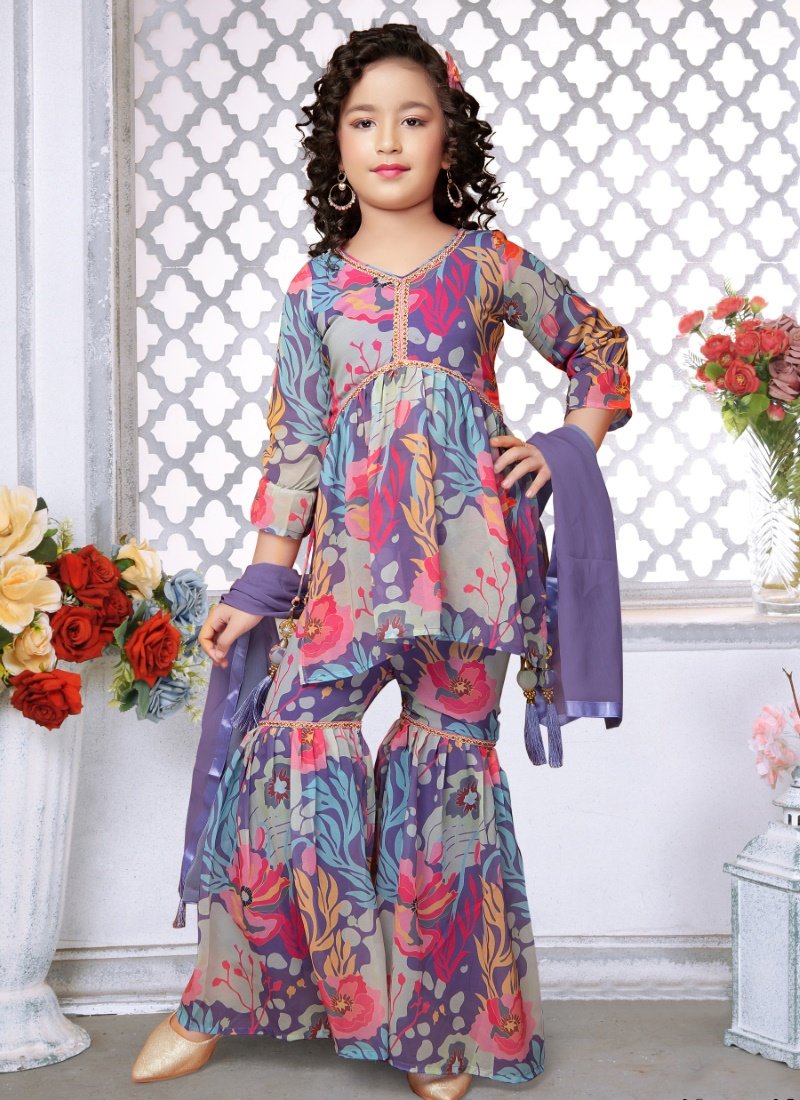 Blue Georgette Kid's Sharara Suit