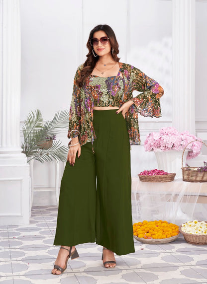 Green Georgette Peplum Style Palazzo Suit
