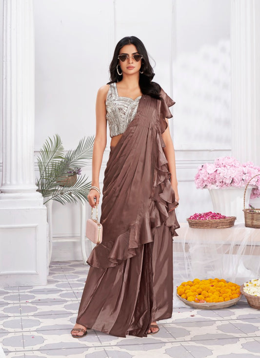 Brown Silk Ready Made Party Wear Saree with Thread and Stone Work