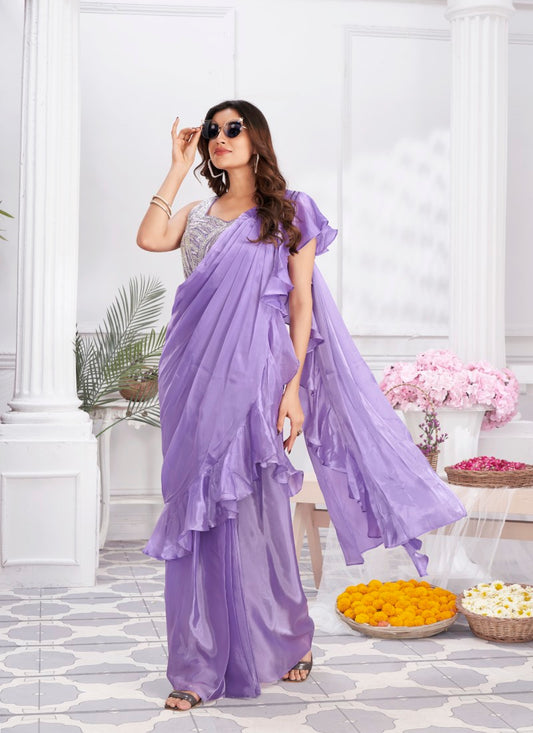 Lavender Silk Ready Made Party Wear Saree with Thread and Stone Work