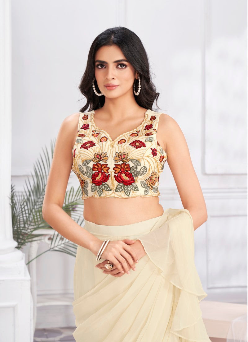 Cream Silk Ready Made Party Wear Saree with Thread and Stone Work