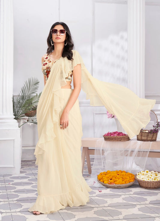 Cream Silk Ready Made Party Wear Saree with Thread and Stone Work