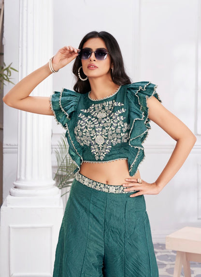 Teal Blue Georgette Peplum Style Palazzo Suit