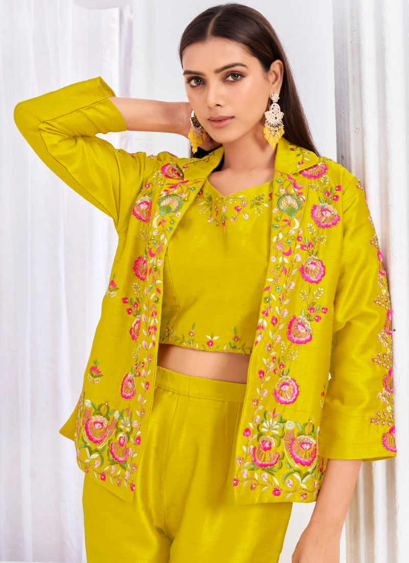 Yellow Silk Crop Top Pant Style Salwar Suit