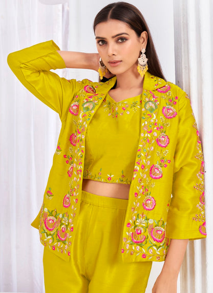 Yellow Silk Crop Top Pant Style Salwar Suit