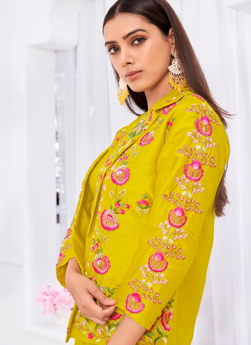 Yellow Silk Crop Top Pant Style Salwar Suit