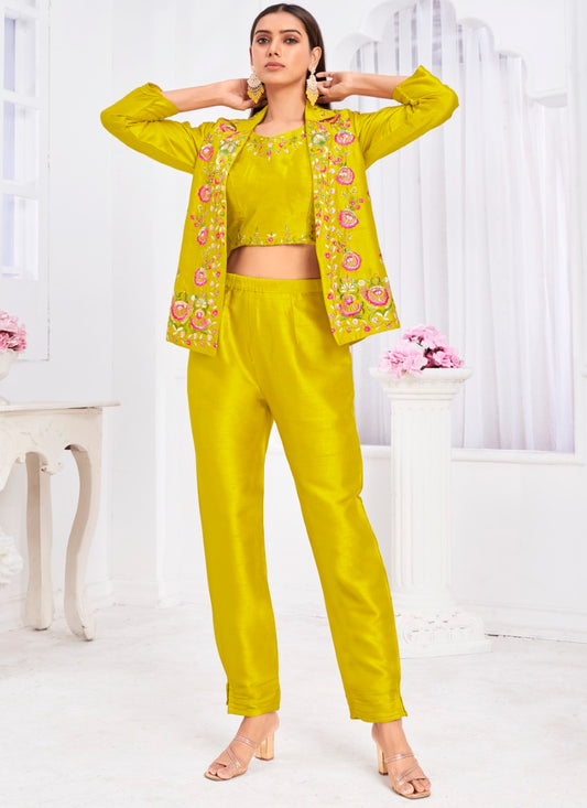 Yellow Silk Crop Top Pant Style Salwar Suit