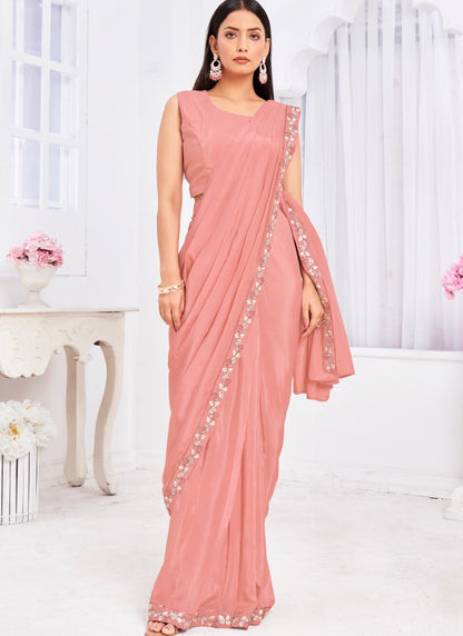 Pink Silk Ready Made Party Wear Saree with Thread and Stone Work
