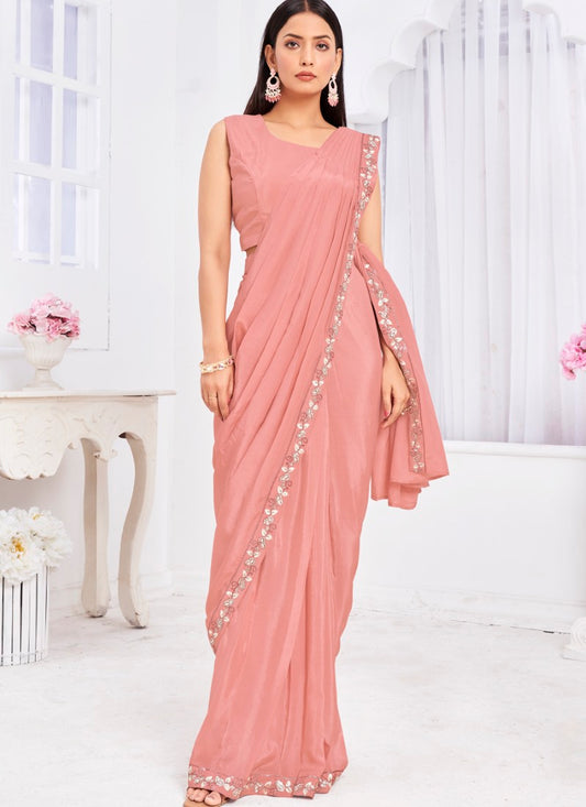 Pink Silk Ready Made Party Wear Saree with Thread and Stone Work