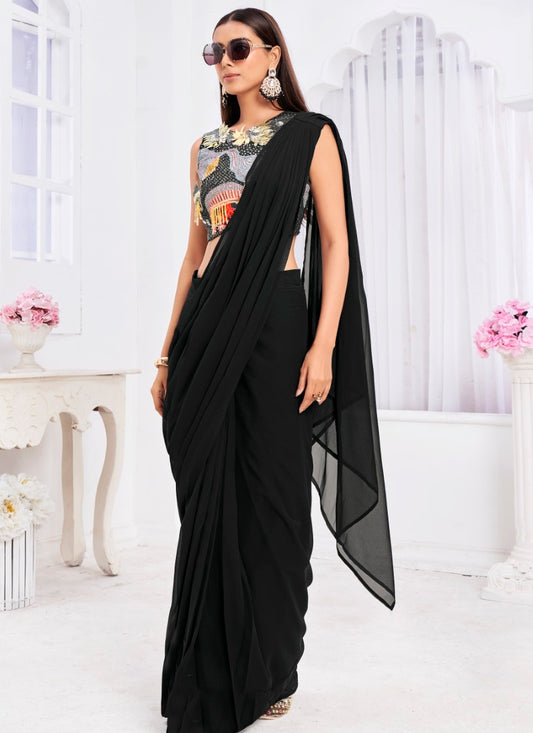 Black Silk Ready Made Party Wear Saree with Thread and Stone Work