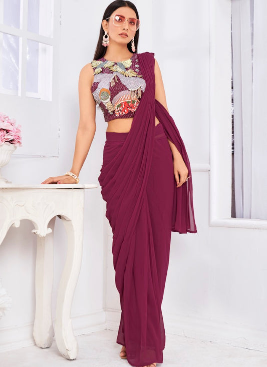 Maroon Silk Ready Made Party Wear Saree with Thread and Stone Work