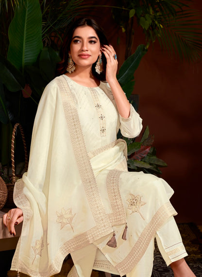 Off White Viscose Pant Style Salwar Suit With Embroidery and Butti Work