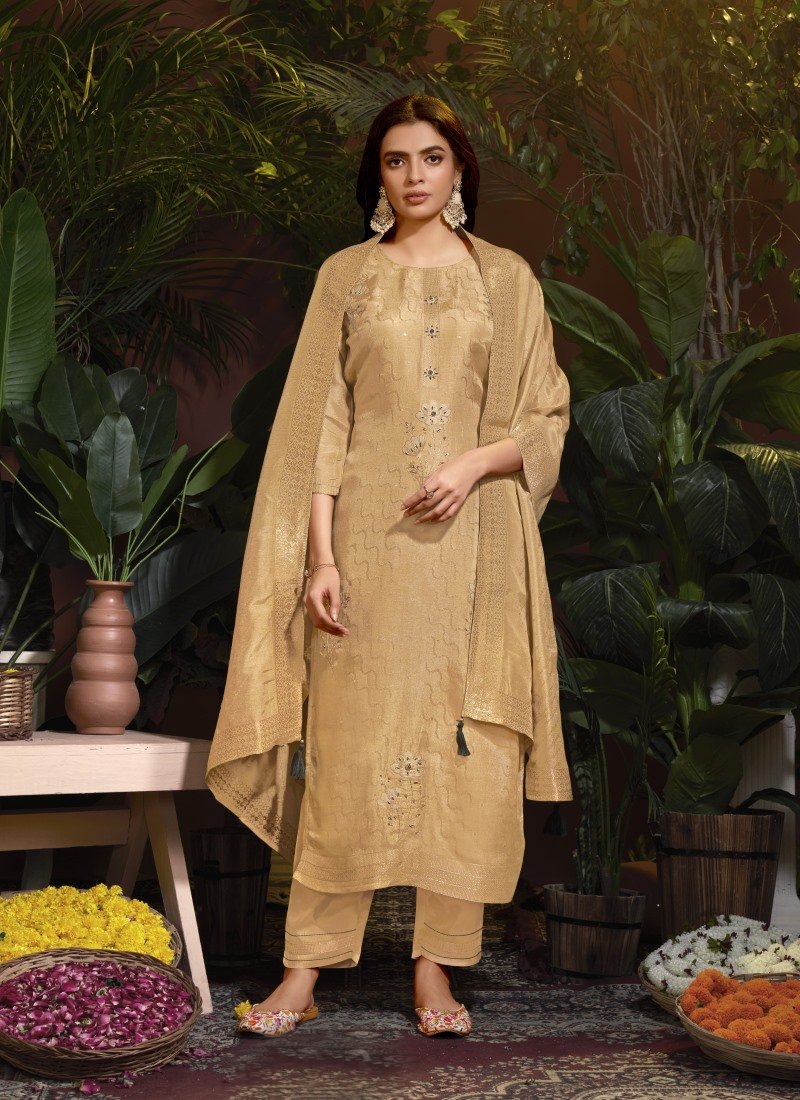 Beige Viscose Pant Style Salwar Suit With Embroidery and Butti Work