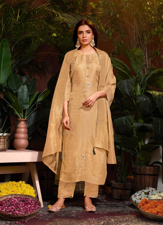 Beige Viscose Pant Style Salwar Suit With Embroidery and Butti Work