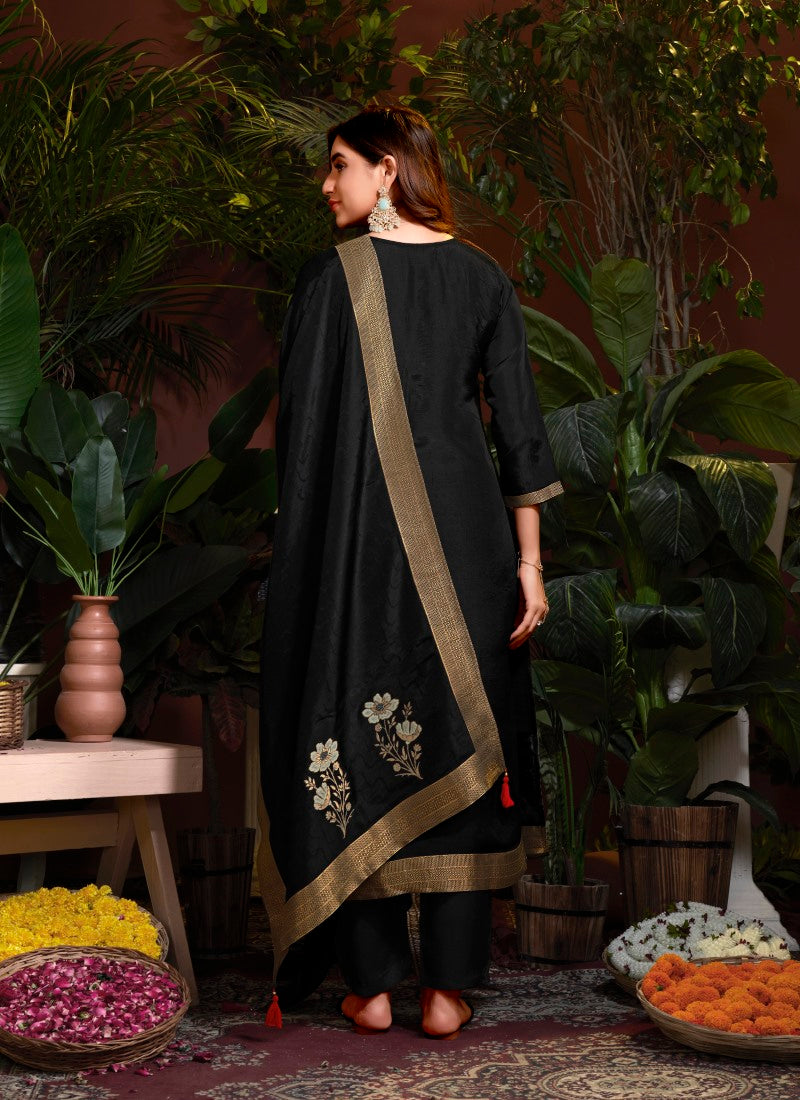 Black Viscose Pant Style Salwar Suit With Embroidery and Butti Work