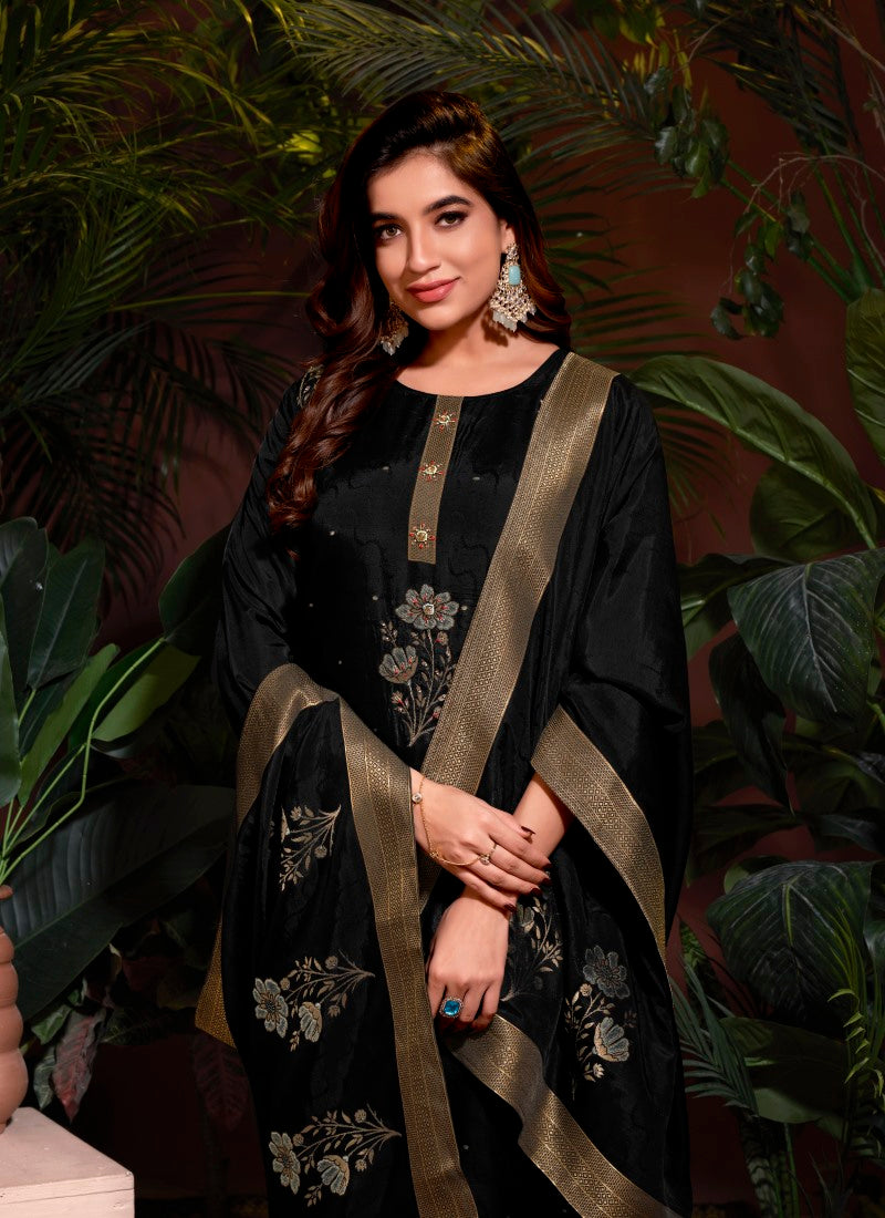 Black Viscose Pant Style Salwar Suit With Embroidery and Butti Work