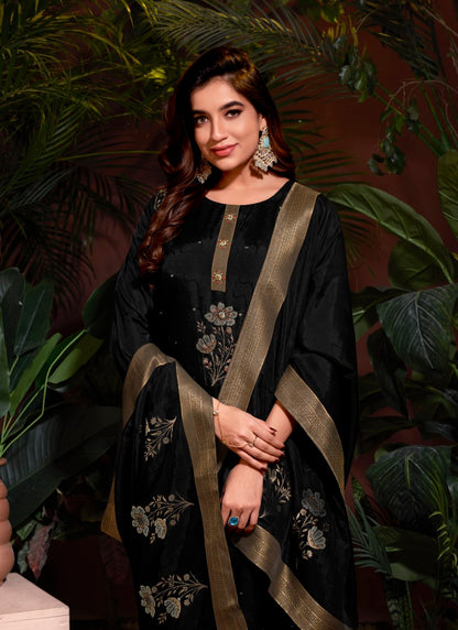 Black Viscose Pant Style Salwar Suit With Embroidery and Butti Work